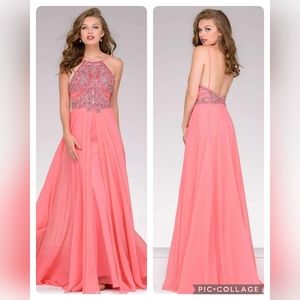 JOVANI Rhinetones Sequins Beaded Pink Coral Chiffon Evening Gown Size 4